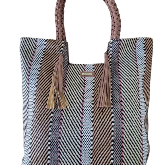 Tan Geometric Tote Bag with Braided Handles - Picture 1 of 5